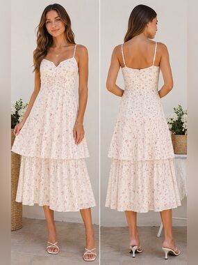 Trixxi Floral Tiered Maxi Dress Cream Pink Lace-Up Front Cottagecore Size M NWT